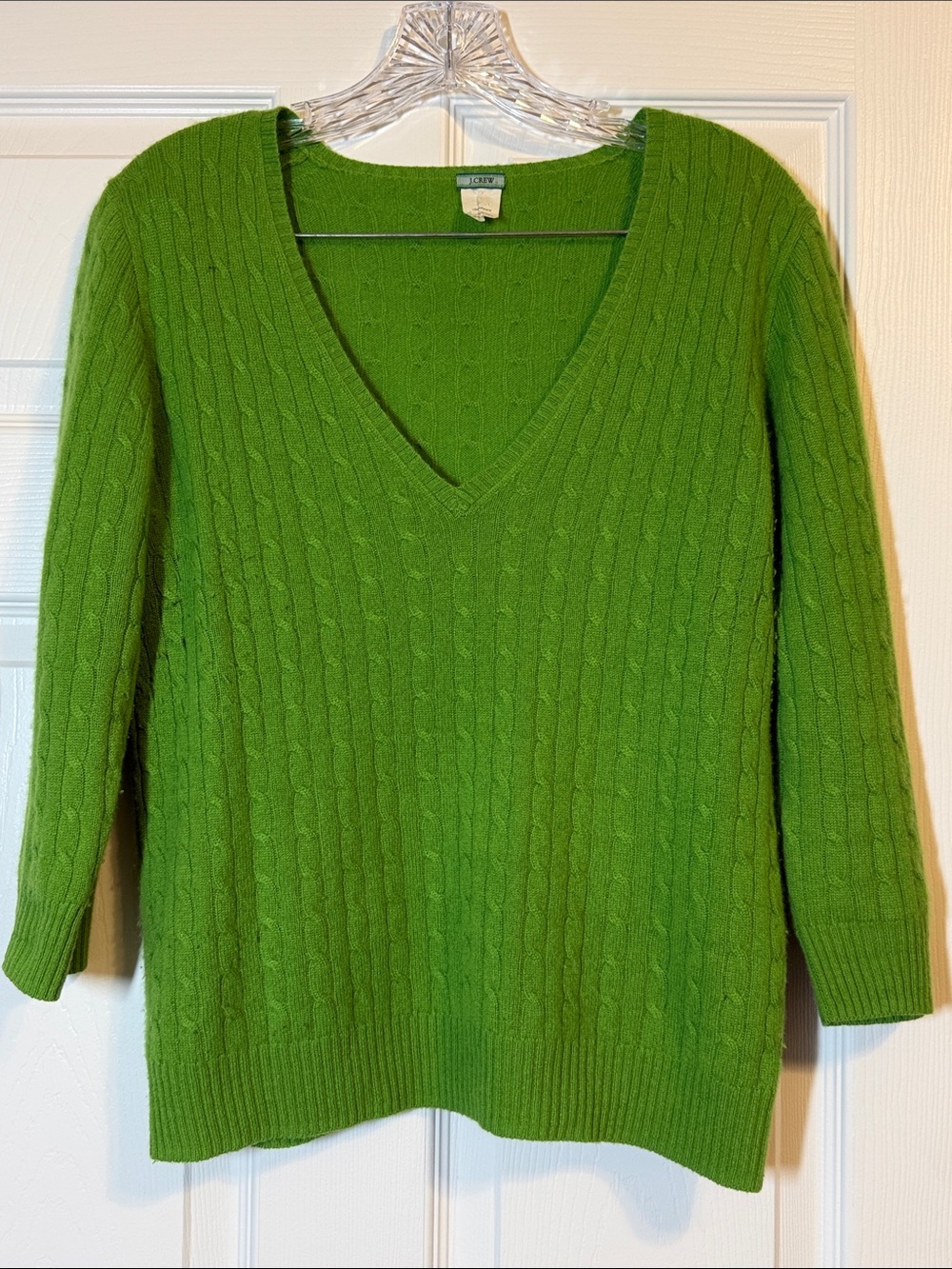 J. Crew Bright Green Cable-Knit V-Neck Sweater